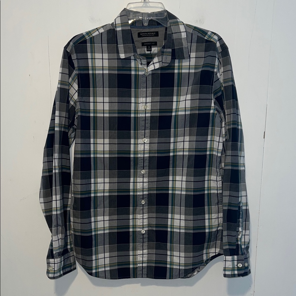 Banana Republic Men's Plaid Shirt - Navy, White, Green Button Up 072626